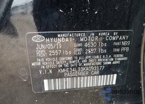 2019 Hyundai Sonata Hybrid из США, поврежденный, VIN KMHE34L33KA093177